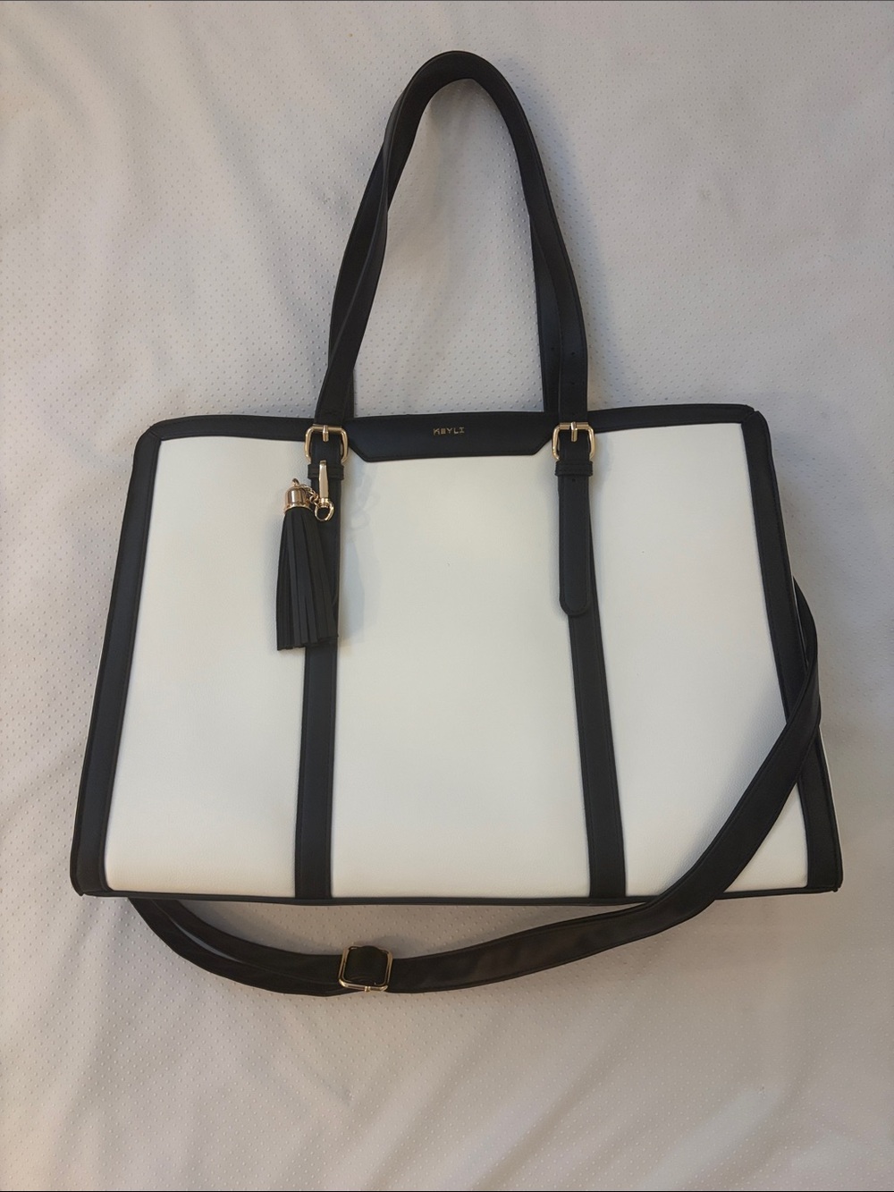 Two-Tone White and Black Structured Laptop Tote with Tassel